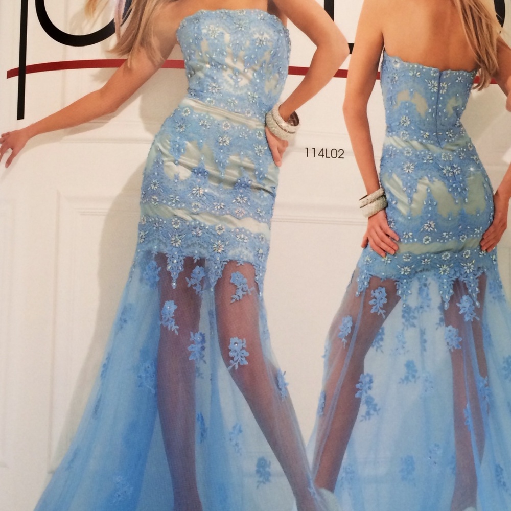 NWT Tony Bowls sky blue evening dress see-through legs